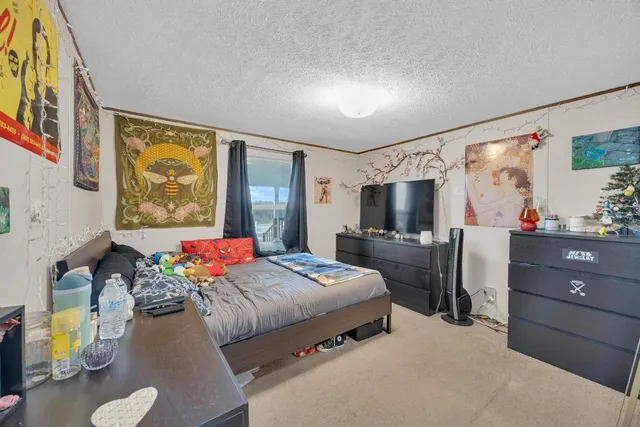 a bedroom with a bed and large windows