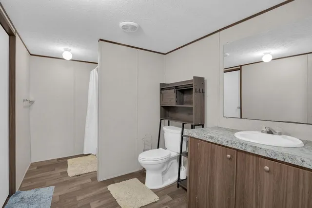a bathroom with a granite countertop sink toilet and shower