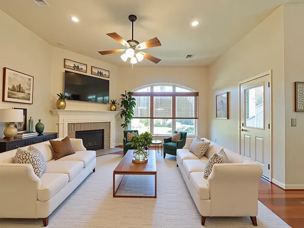 a living room with furniture a fireplace and a flat screen tv