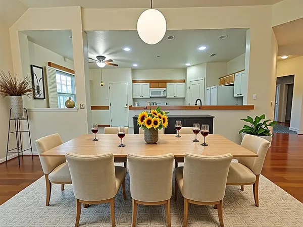 a dining room with furniture a chandelier and wooden floor