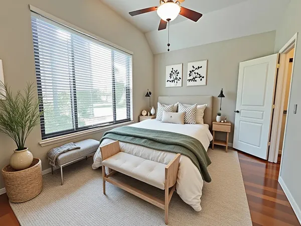 a spacious bedroom with a bed and a chandelier