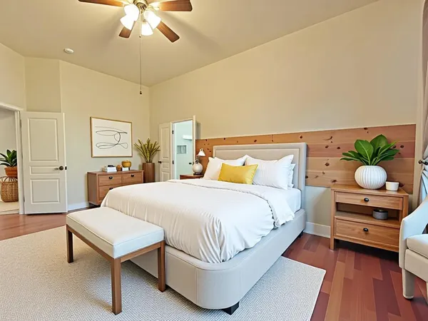 a spacious bedroom with a bed and table