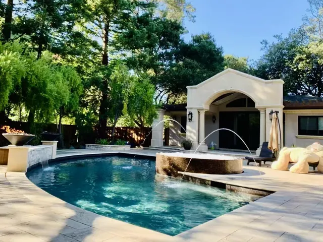 a view of swimming pool with lawn chairs and plants