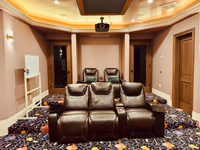 a view of a park with large trees