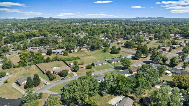 an aerial view of residential houses with outdoor space and trees