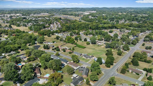 an aerial view of residential houses with outdoor space and trees
