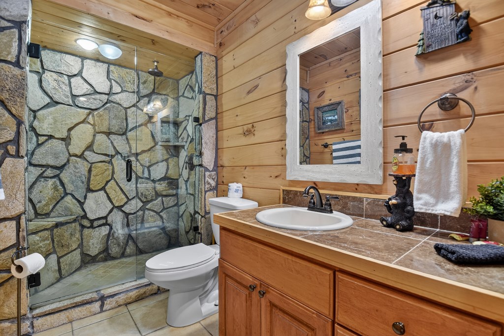 111 Roaring Creek Road Epworth, GA 30541 - Photo 42 of 63 a bathroom with a granite countertop toilet sink and mirror