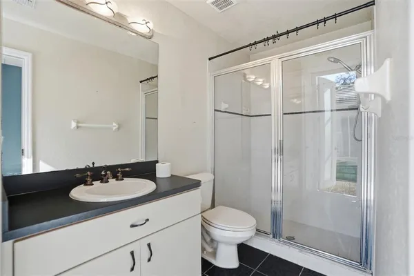 a bathroom with a sink toilet a mirror and shower