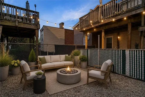 a building outdoor space with patio furniture