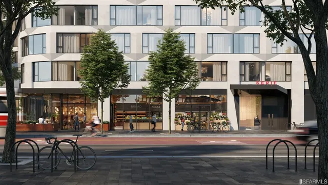 a front view of multiple houses with outdoor seating