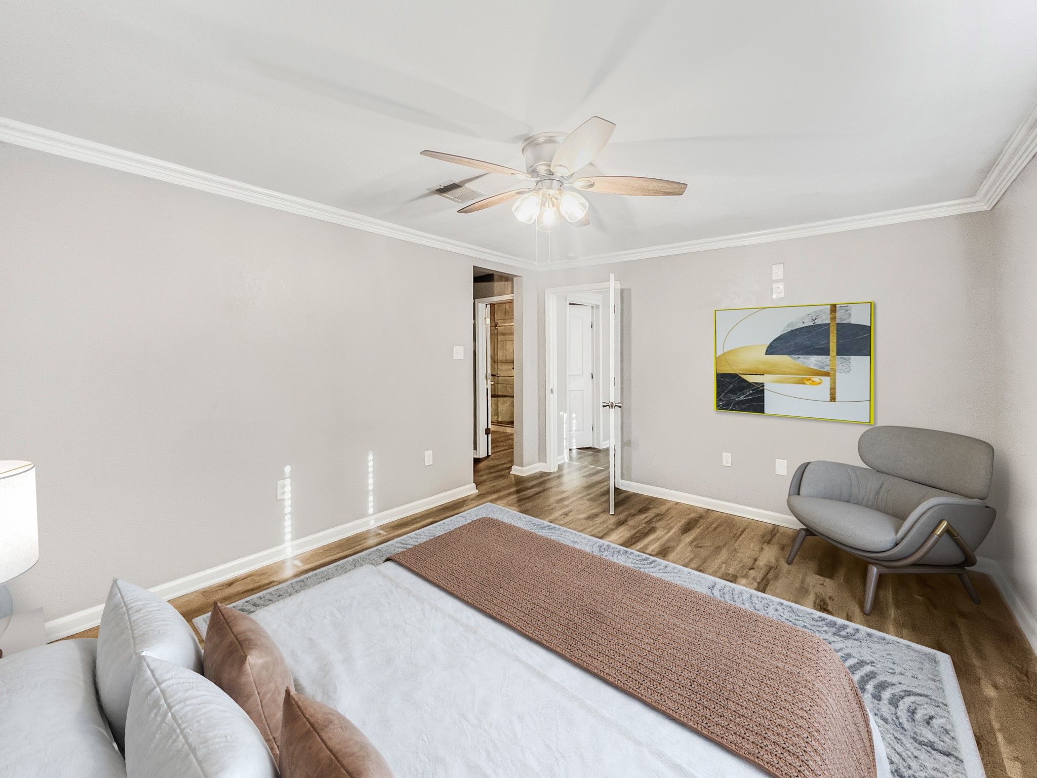 9731 Hadden Road Baytown, TX 77521 - Photo 21 of 47 a bedroom with a bed and a chandelier