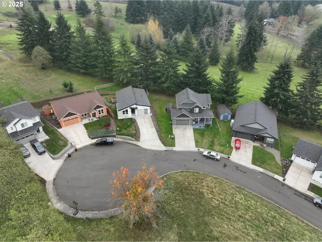 an aerial view of a house with garden space and street view