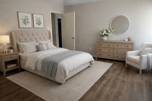 a view of an empty room with wooden floor and closet