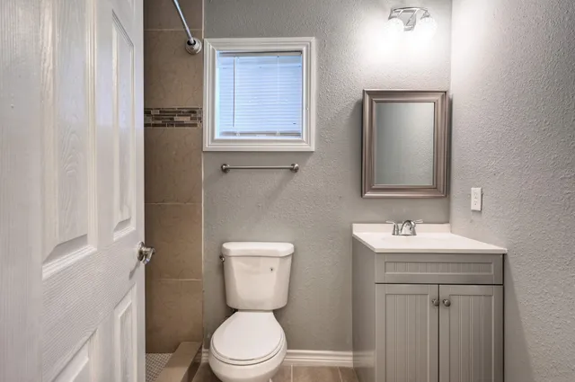 a bathroom with a toilet a sink and mirror