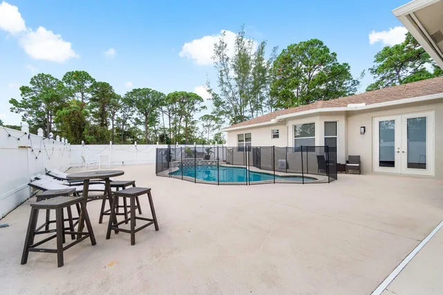 a view of a fountain with a patio