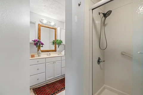 a bathroom with a shower sink and mirror
