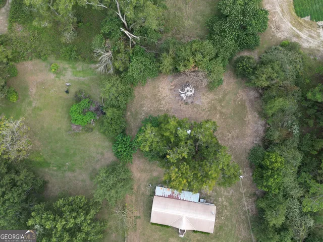 an aerial view of a forest with houses