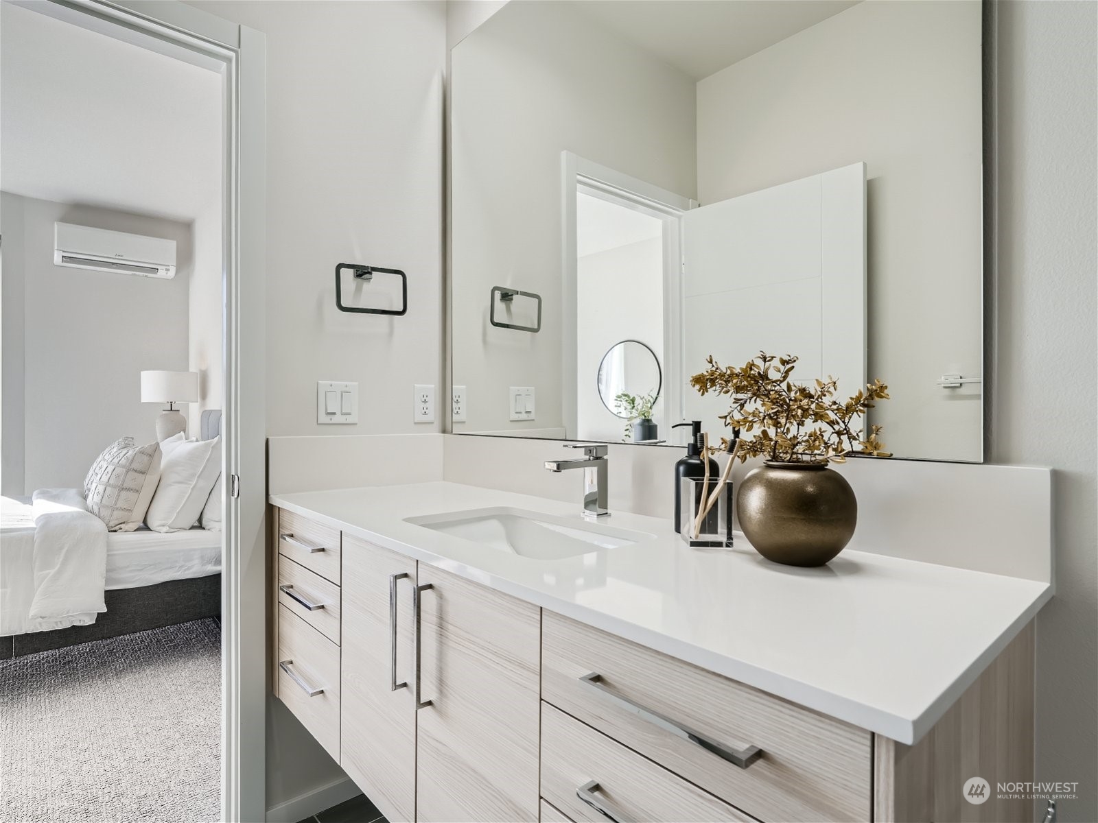 1916 South Grand Street Seattle, WA 98144 - Photo 18 of 26 a bathroom with a double vanity sink and a mirror