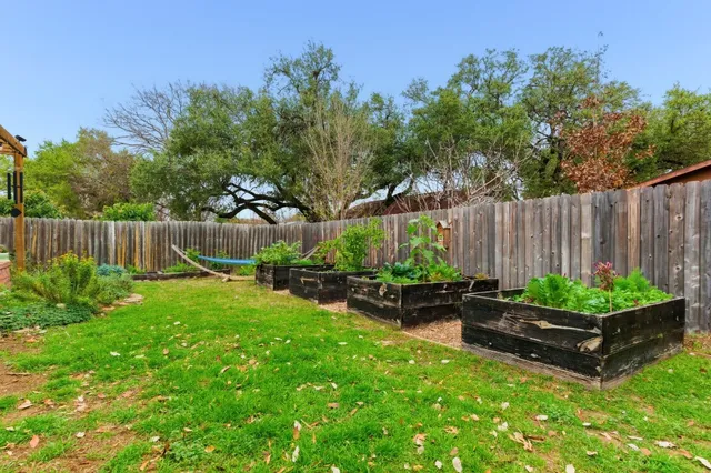 a garden view with a seating space