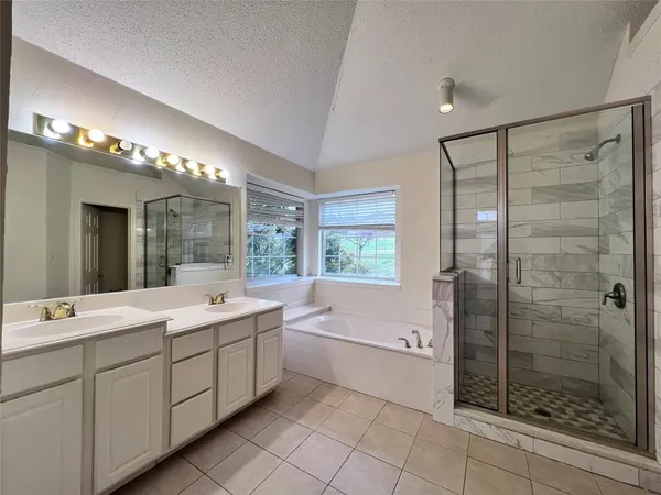 a bathroom with a double vanity sink mirror and shower