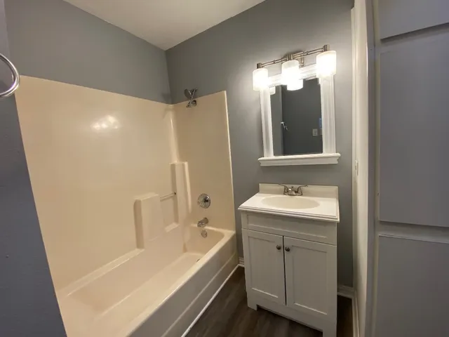 a bathroom with a tub sink and mirror