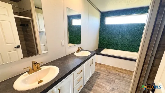 a bathroom with a double vanity sink and mirror