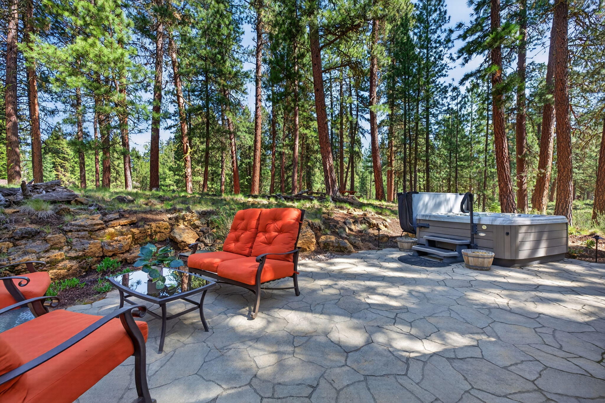 70800 Samphire, Unit RR3 Black Butte Ranch, OR 97759 - Photo 9 of 54 Natural Stone Patio, Firepit, and Hot Tub w/ forest views