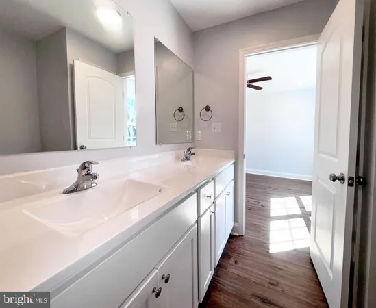 a bathroom with a double vanity sink and a mirror