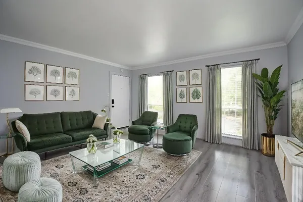 a living room with furniture rug and window