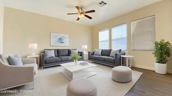 a living room with furniture and a potted plant