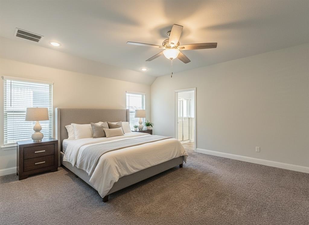 304 Adam Way Euless, TX 76040 - Photo 18 of 39 Bedroom featuring lofted ceiling, carpet flooring, ceiling fan, and recessed lighting