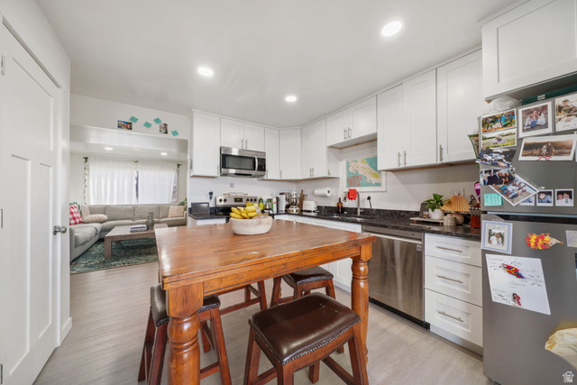 2030 Nevada Circle Provo, UT 84606 - Photo 6 of 16 Kitchen with stainless steel appliances, dark stone counters, white cabinetry, light wood finished floors, and recessed lighting