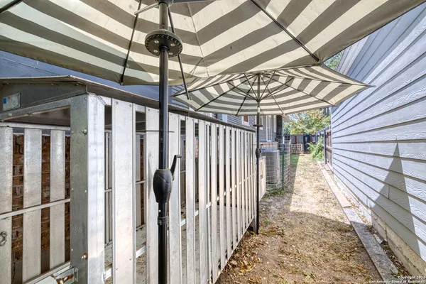 a view of a yard with plants and trees