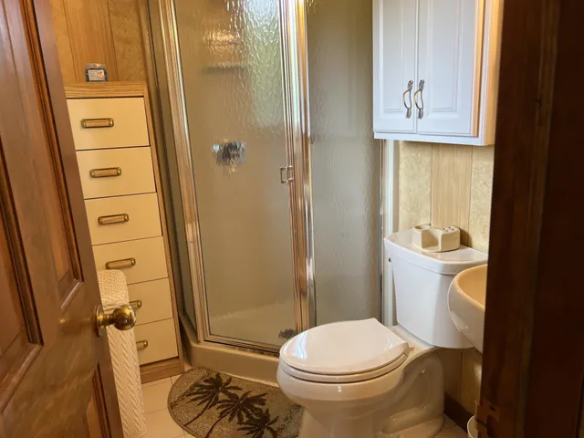 a bathroom with a toilet and a shower