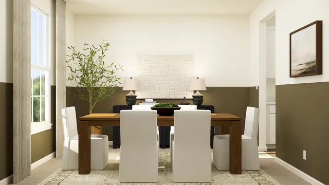 a view of a dining room with furniture and a window