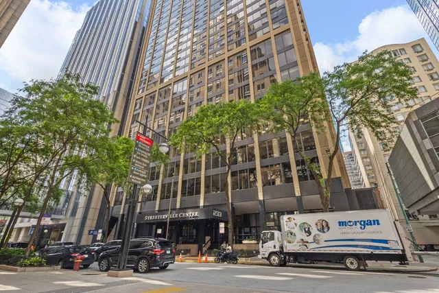 a view of a building and a street