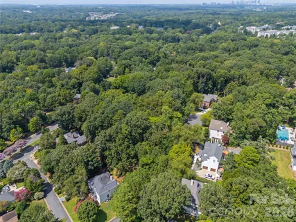 an aerial view of residential houses with outdoor space and trees