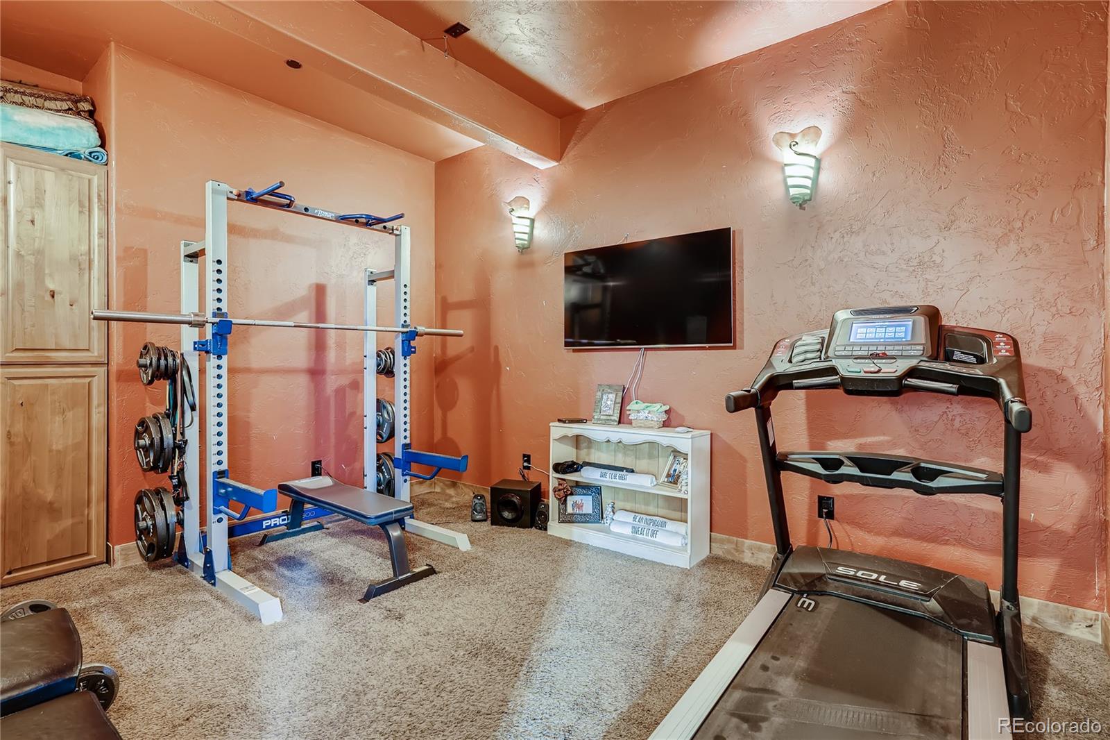 11200 Shimley Road Golden, CO 80403 - Photo 30 of 40 a room with gym equipment and a flat screen tv