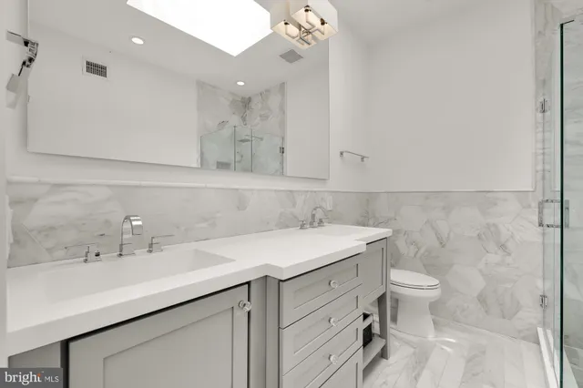 a bathroom with a sink vanity and toilet