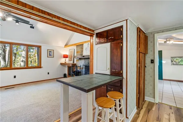 a workspace with furniture and window