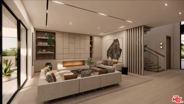 a living room with furniture and a floor to ceiling window