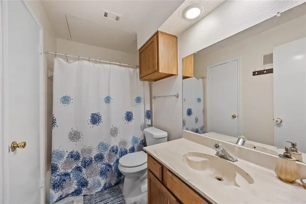 a bathroom with a sink toilet a mirror and shower curtain