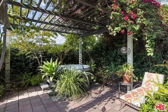 a backyard of a house with lots of green space and fountain