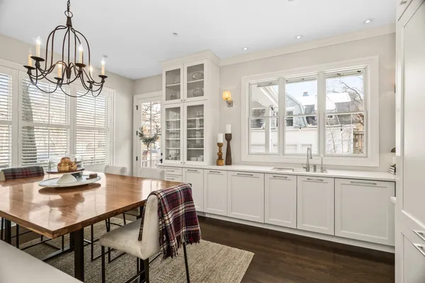 a view of a dining room and chairs in a room