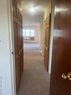 a view of hallway with stainless steel appliances wooden floor and a mirror