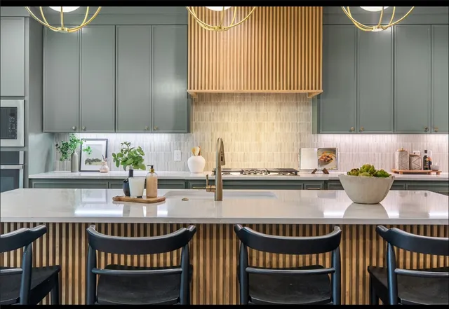 a kitchen with a sink and a potted plant