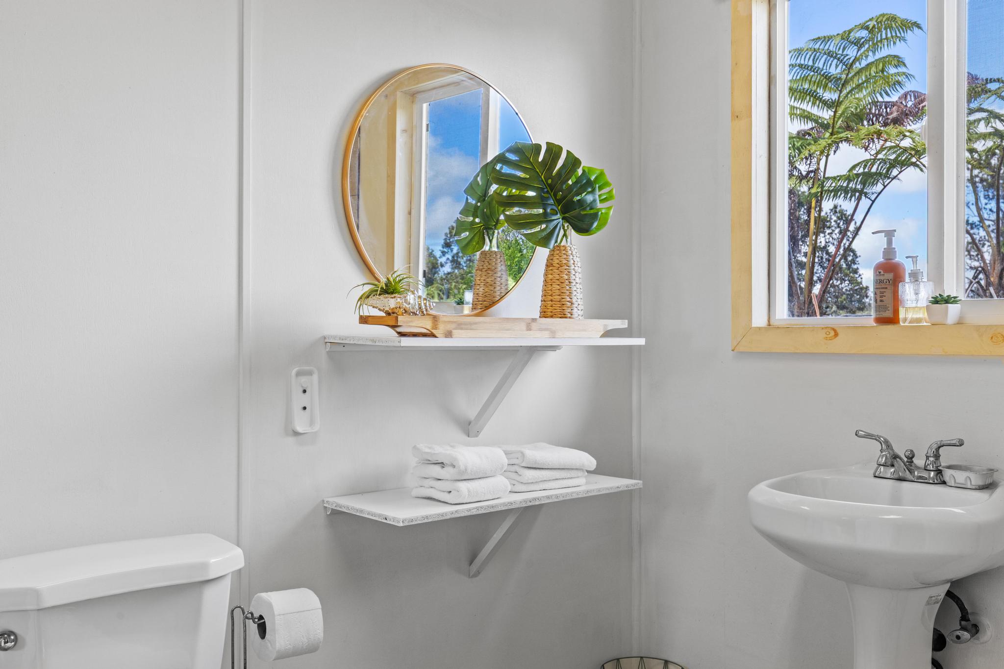 11-3681 Old Volcano Road Volcano, HI 96785 - Photo 20 of 26 a bathroom with a sink a mirror and a toilet