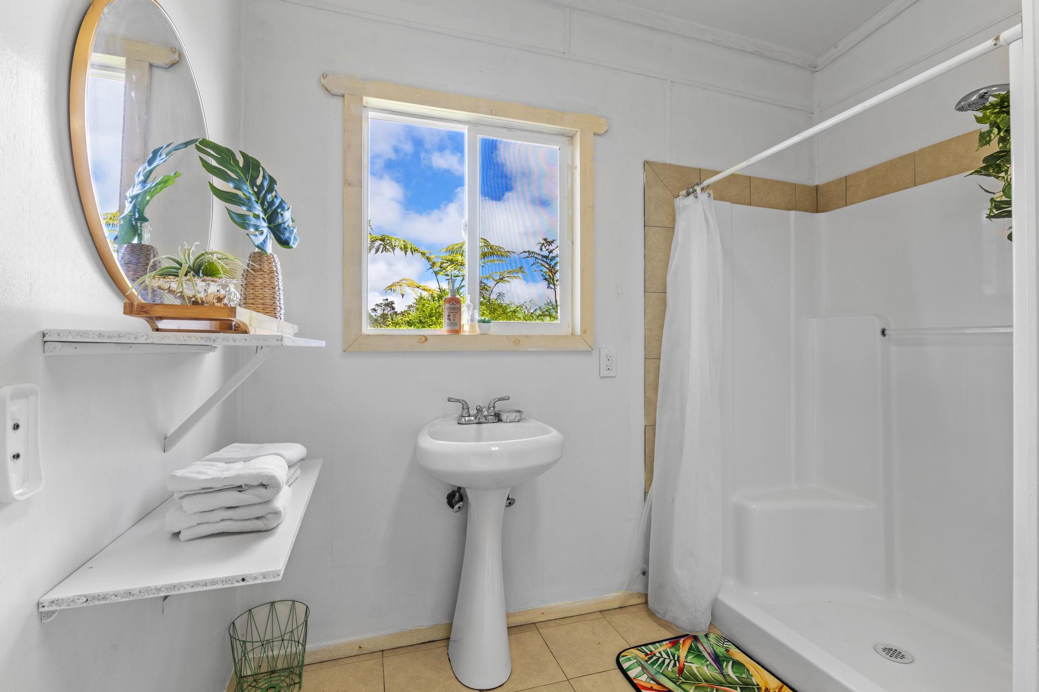 11-3681 Old Volcano Road Volcano, HI 96785 - Photo 21 of 26 a bathroom with a sink and mirror with small garden