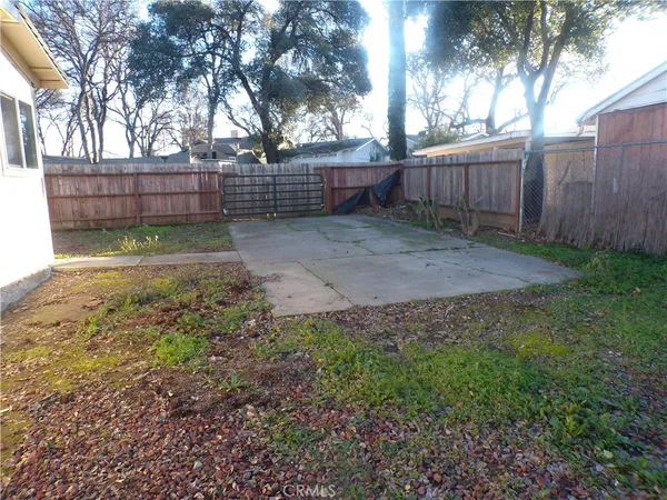 a view of backyard with wooden fence and large trees