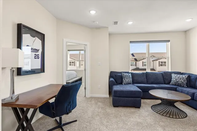 a living room with furniture a rug and a window